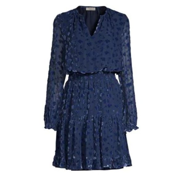 Shoshanna Levon Long-Sleeve Burnout Velvet Dress Navy Lapis Size 4 - Picture 3 of 8